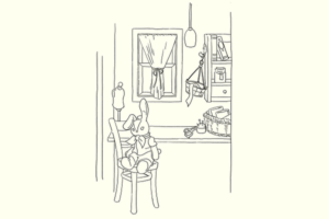 ぬいぐるみ用の洋服の背景イラスト。手描き風の線画で優しい雰囲気。
